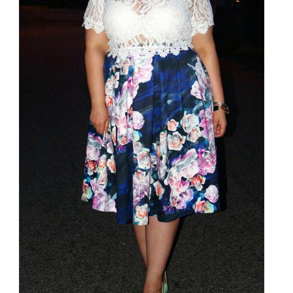 Floral Pleated Navy Midi Skirt - Women